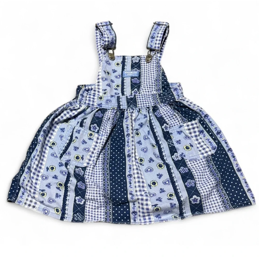 Vintage OshKosh B'Gosh Patchwork Sunflower Jumper Dress Girls Size 5 Made In USA